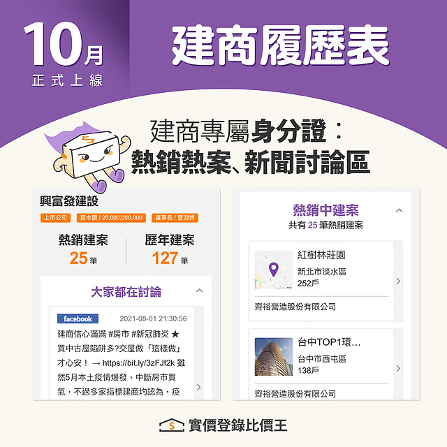 實價登錄比價王新功能「建商履歷表」,於2021年10月正式上線